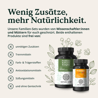 Zwei Nature Love Probiona - Family-Set Ergänzungsflaschen sind mit einem Text abgebildet, der hervorhebt, dass sie keine unnötigen Zusatzstoffe, künstliche Farbstoffe, Süßstoffe oder genetisch veränderte Zutaten enthalten.