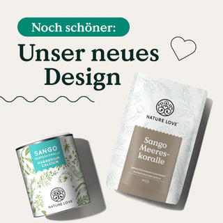 Eine Dose Sango Meereskoralle Pulver von Nature Love und eine Tüte Sango Meereskoralle Pulver von Nature Love im neuen Design.