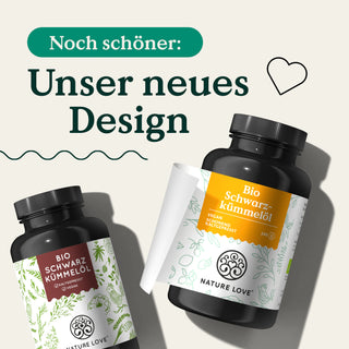 Zwei Dosen Bio Schwarzkümmelöl Kapseln Nahrungsergänzungsmittel mit dem Text „unser neues Design“ der Marke Nature Love.