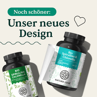 Zwei Dosen Nature Love Bio Spirulina & Chlorella Tabletten mit dem Text „unser neues Design“.