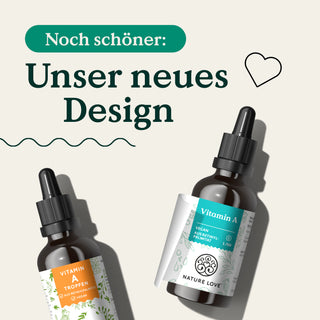 Zwei Flaschen Vitamin A Tropfen von Nature Love im neuen Design.