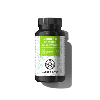 Nature Love Vitamin B Komplex aus Buchweizen Kapseln kommt in einer schwarzen Flasche mit einem grün-weißen Etikett und enthält 60 vegane Kapseln zur Unterstützung Ihres Energielevels mit wichtigen B-Vitaminen.