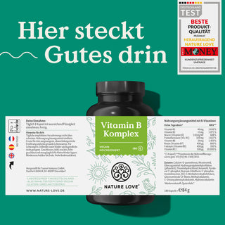 Eine Flasche Nature Love Vitamin B Komplex Kapseln mit grünem Hintergrund.