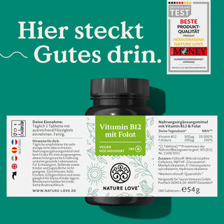 Eine Nature Love-Flasche mit hochdosiertem Vitamin B12 500 µg mit Folat Tabletten und einem Etikett mit der Aufschrift „Her Stuck Guts Drink“.