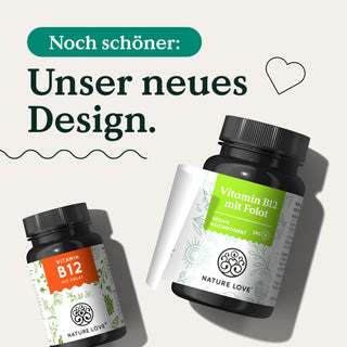 Eine Flasche hochdosiertes Vitamin C und eine Flasche Nature Love Vitamin B12 500 µg mit Folat Tabletten.