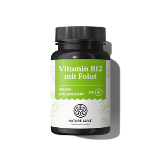 Eine schwarze Flasche „Nature Love Vitamin B12 mit Folsäure“-Tabletten, 180 hochdosierte vegane Tabletten, mit grünen Akzenten und einem Blattmotiv.