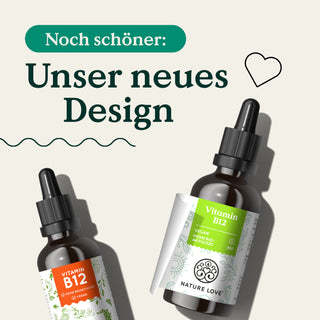 Zwei Flaschen Vitamin B12 500 µg Tropfen mit dem Text „uner neues Design“ von Nature Love.
