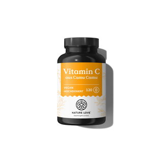 Eine schwarze Flasche „Nature Love Vitamin C aus Camu-Camu-Kapseln“ mit einem gelb-weißen Etikett, zur Unterstützung des Immunsystems; enthält 120 vegane Kapseln.