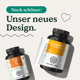 Eine Flasche Nature Love's Vitamin C aus Camu Camu-Extrakt Kapseln und eine Flasche Vitamin E.