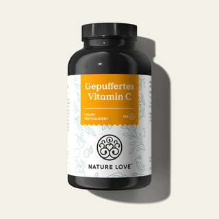 Eine Dose Nature Love Gepuffertes Vitamin C Kapseln auf weißem Hintergrund.