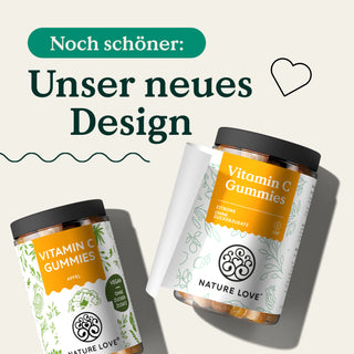 Zwei Dosen Nature Love Vitamin C Gummies im neuen Design.