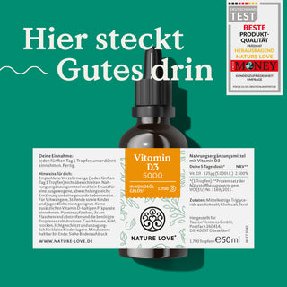 Eine Flasche Nature Love Vitamin D3 5000 I.E. Tropfen mit Etikett auf grünem Hintergrund.