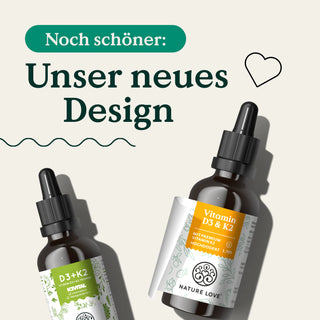 Zwei Flaschen Nature Love's Vitamin D3 & K2 Tropfen im neuen Design.