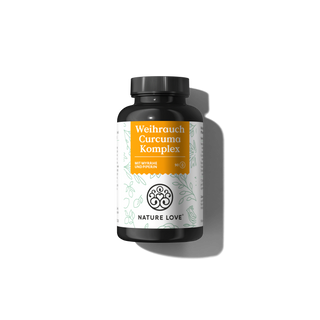 Eine schwarze Flasche mit der Aufschrift „Weihrauch Curcuma Komplex Kapseln“ von Nature Love, angereichert mit der Essenz der Myrrhe, steht elegant vor einem dunklen Hintergrund.