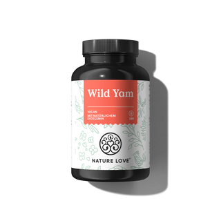 Eine Flasche Nature Love Wild Yam Kapseln mit einem weiß-roten Etikett mit Blumenmuster enthält 180 vegane Kapseln.