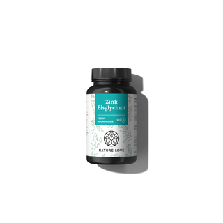 Ein schwarzes Fläschchen "Zink Bisglycinat Tabletten" von Nature Love mit einem blaugrünen und weißen Etikett steht mittig auf weißem Hintergrund - Perfekt für deinen Jahresvorrat an hochdosiertem Zink.