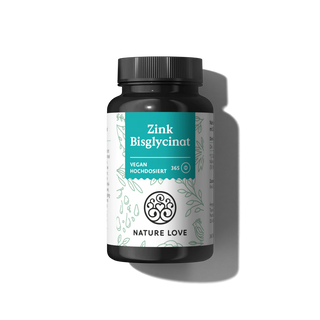 Die schwarze Flasche Nature Love Zink Bisglycinat Tabletten mit dem blaugrünen Etikett enthält 365 hochdosierte Zink-Tabletten und bietet einen praktischen Jahresvorrat, der auch für Veganer geeignet ist.