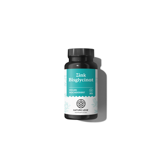 Eine schwarze Flasche „Zink-Bisglycinat-Tabletten“ von Nature Love mit einem türkis-weißen Design enthält hochdosiertes Zink, das auf weißem Hintergrund mit einem Schatten abgebildet ist.