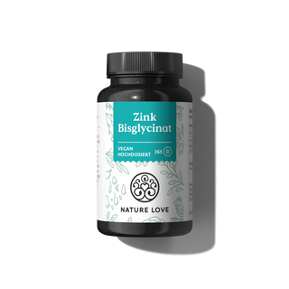 Eine schwarze Flasche Nature Love Zink Bisglycinat Tabletten mit einem türkisfarbenen und weißen Etikett ist vor einem schlichten hellen Hintergrund abgebildet.