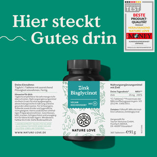 Eine Dose Nature Love Zink Tabletten mit Etikett. Hier steckt Gutes drin.